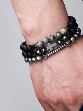 3/$35 NWT Men’s Beaded Bracelet Stack Cross Hematite Jasper Layered Black Silver
